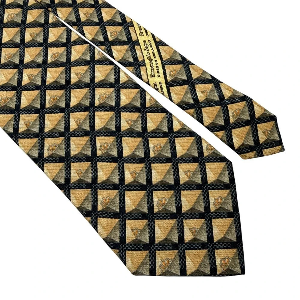 Ermenegildo Zegna Mens Silk‎ Neck Tie Gold Black Geometric Pyramid Made in Italy